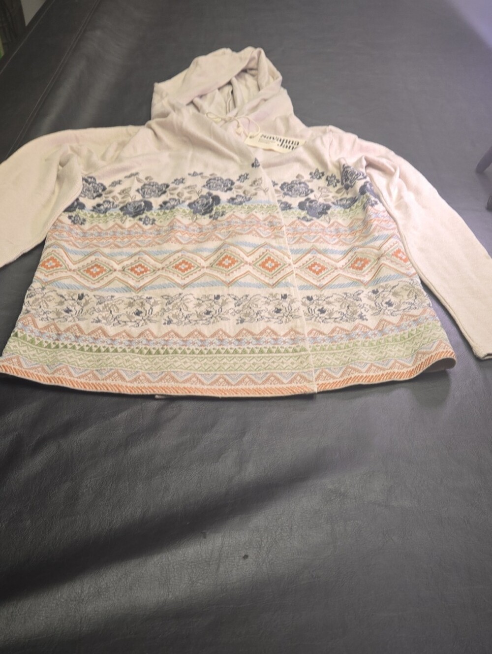 Neutral Hooded Cardigan with Pastel Aztec Print